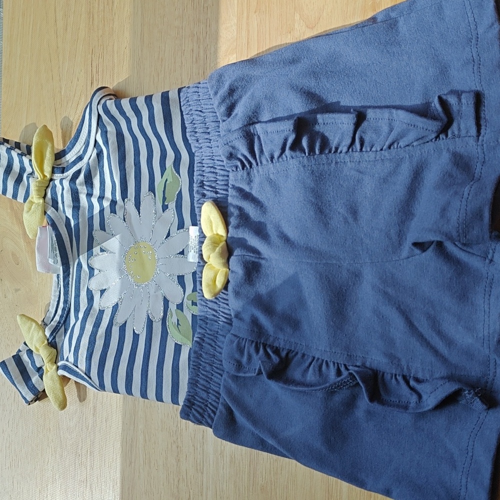 Little Lass Blue & White Striped Tank with Yellow Daisy and Yellow Shorts